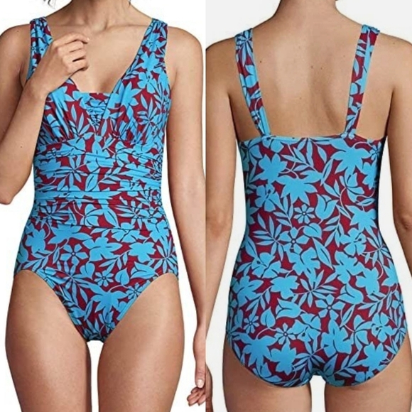 Land's End Preppy Slimming Summer One-Piece Swimsuit Floral 16P - Picture 3 of 15